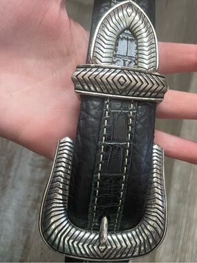 Bison Black Leather Belt with Ornate Silver-Tone Western Buckle